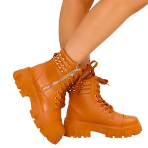 Camel Studded Vegan Leather Combat Boots